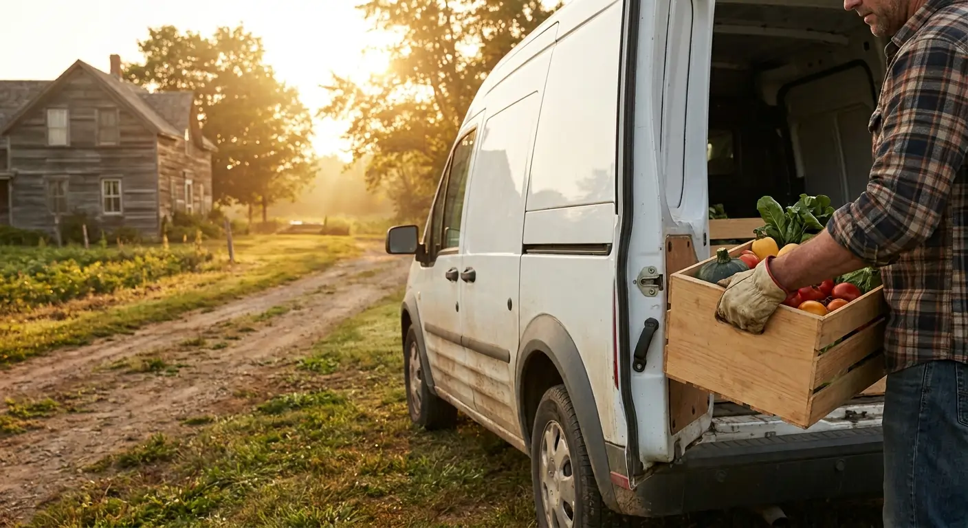 A farmer loading a crate of fresh vegetables into a delivery van at sunrise