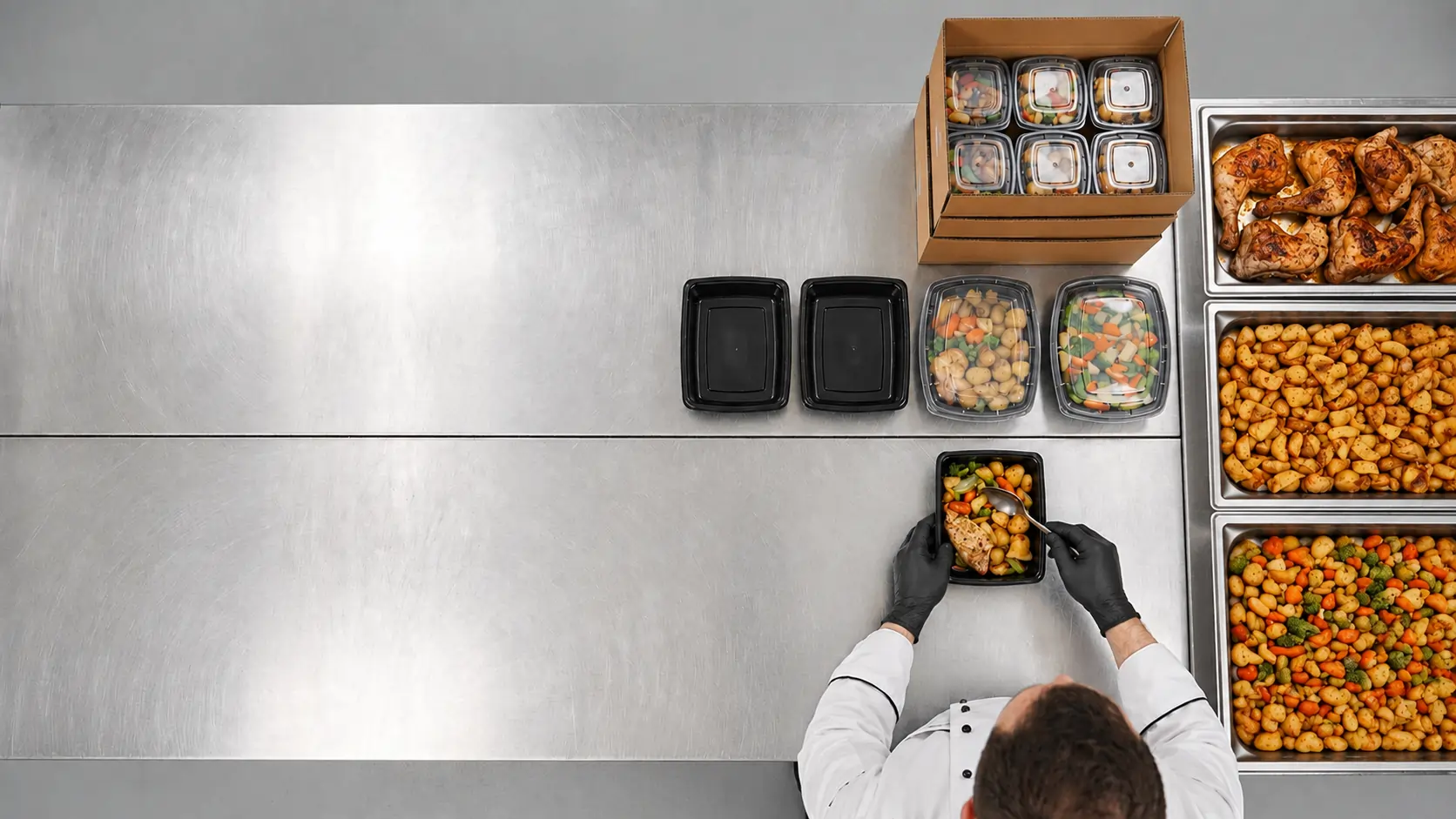 A chef portioning meals into takeaway containers on a stainless prep line