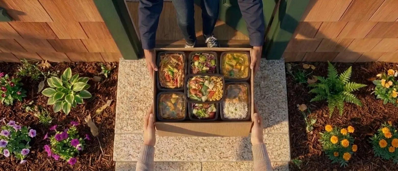A box of portioned meal-prep containers handed over on a front stoop