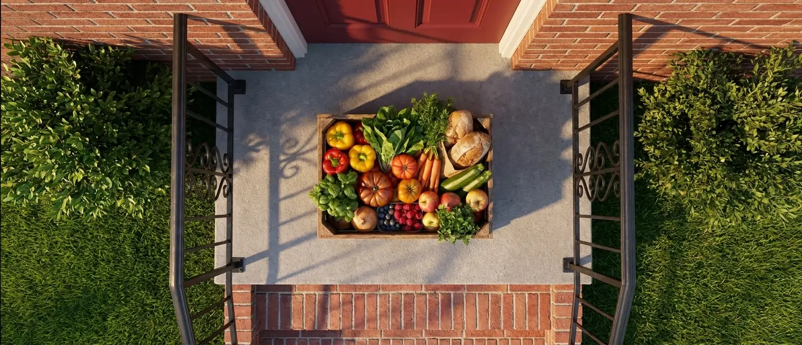 A crate of fresh produce delivered to a front porch